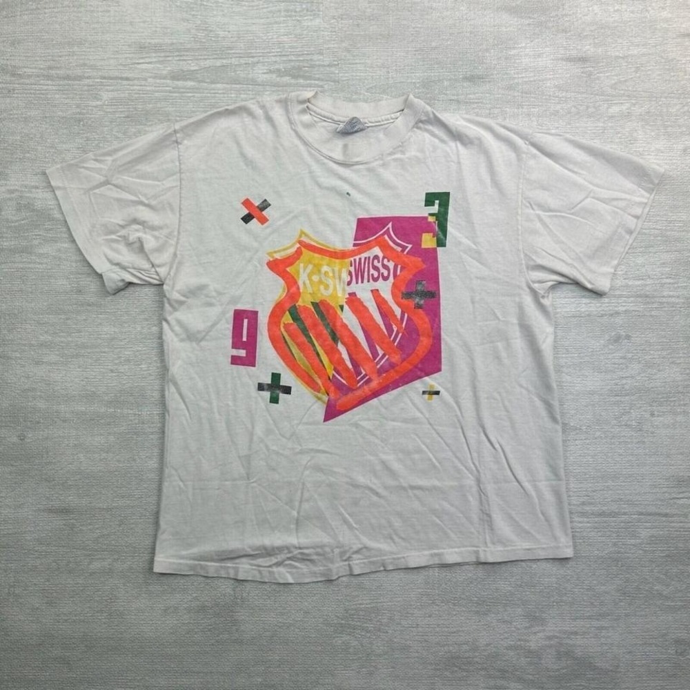 Vintage K-Swiss Shirt Adult Large White Tennis Sports Art Abstract Shield Logo